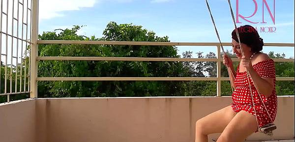 Cute housewife has fun without panties on the swing. Slut swings and shows her perfect pussy.